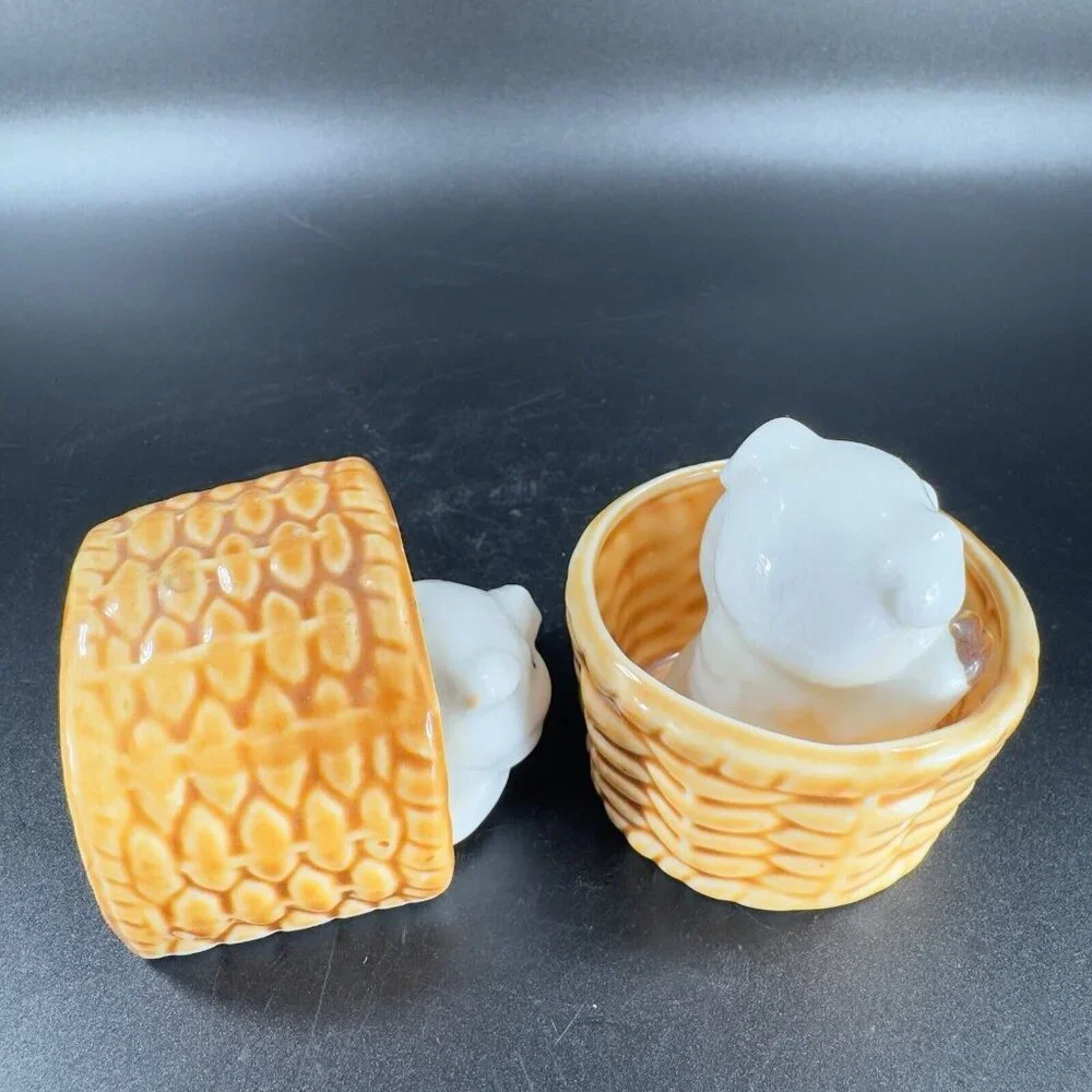 Vintage 1980s Porcelain Pings In Woven Basket Figurine‎ Set Made On Taiwan VTG
